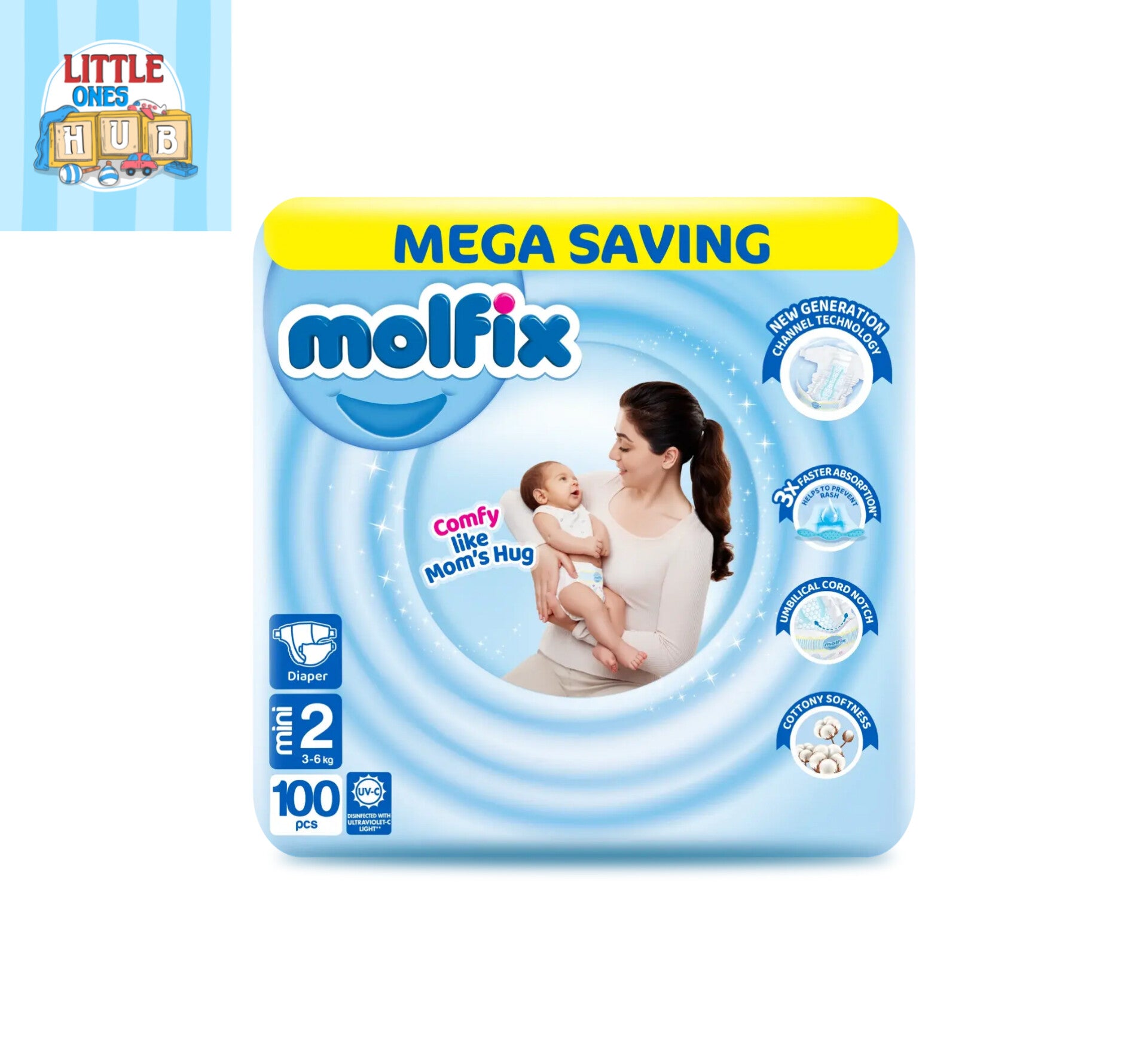 MOFLIX SMALL SIZE DIAPER 3/6 KG 100 PIECES OF PACK (transparent packet)